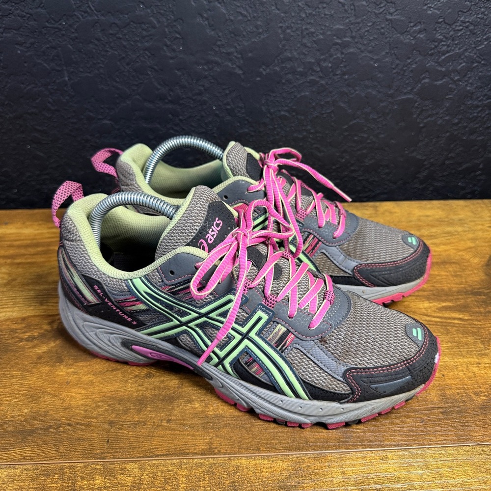 Asics Gel-Venture 5 Grey Pink Green Mesh Trail Running Shoes Womens 9.5 EU 41.5